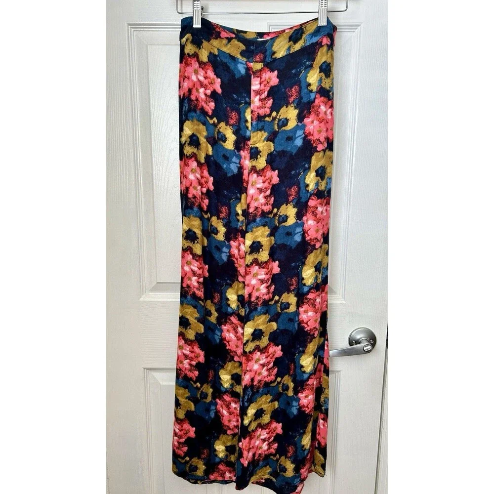 Abercrombie & Fitch Floral Wide Leg Flowy Colorful Pants Black Flat Front Size 2 - Picture 9 of 14